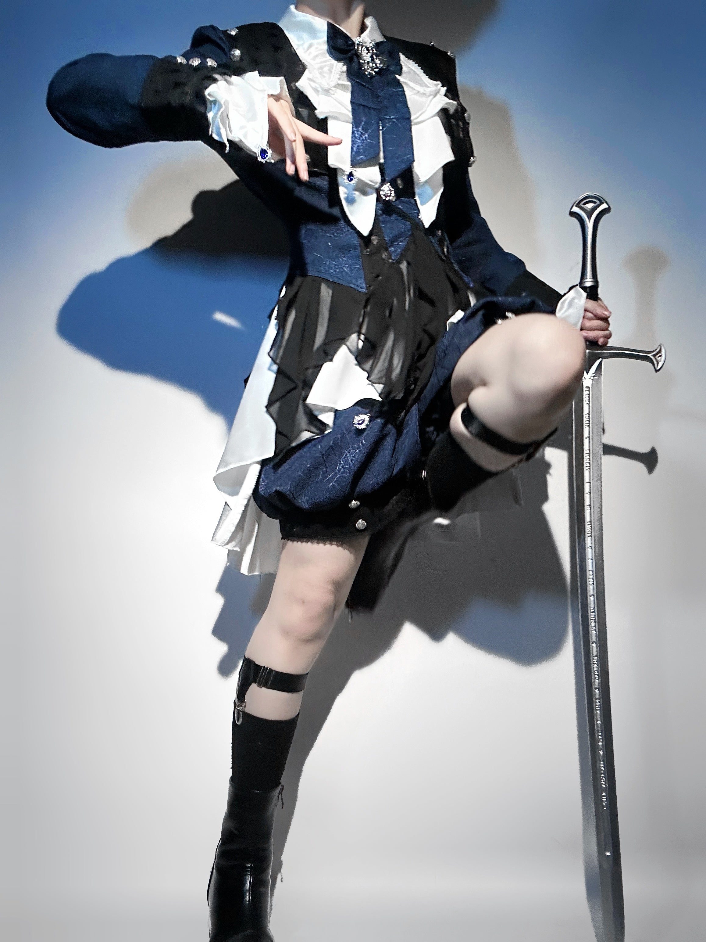 Ouji Fashion Lolita Dress Suit Navy Blue Ruffle Layer Shorts Set