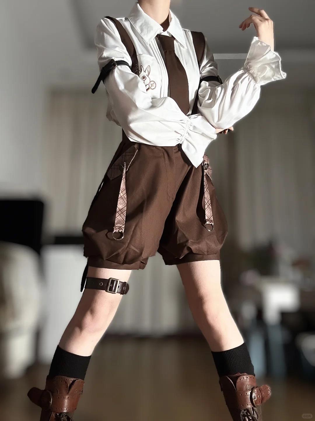 Ouji Fashion Lolita Set Brown Steampunk Detective White Shirt Vest Short Pants Outfit