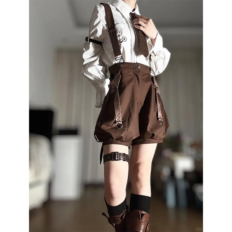 Ouji Fashion Lolita Set Brown Steampunk Detective White Shirt Vest Short Pants Outfit