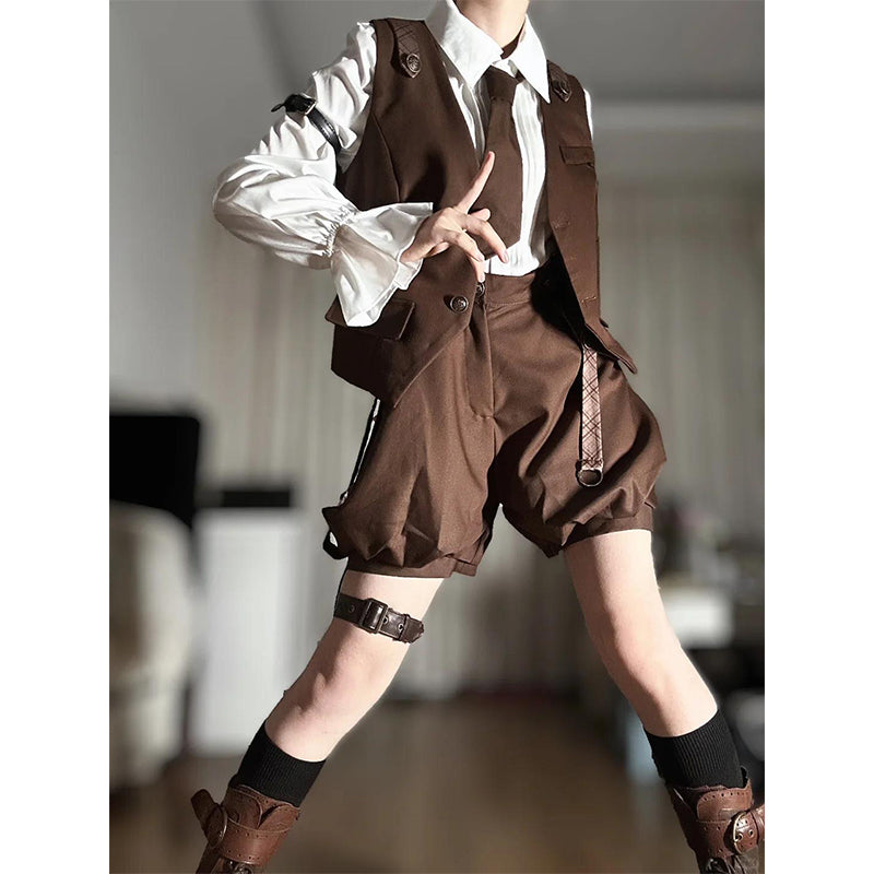Ouji Fashion Lolita Set Brown Steampunk Detective White Shirt Vest Short Pants Outfit