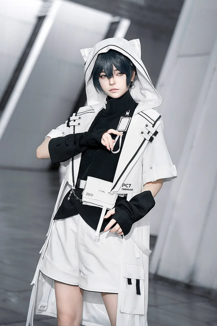 Ouji Fashion Lolita White City Tech Wear Cool Handsome Shorts Short Sleeves Cat Ear Jacket Niche