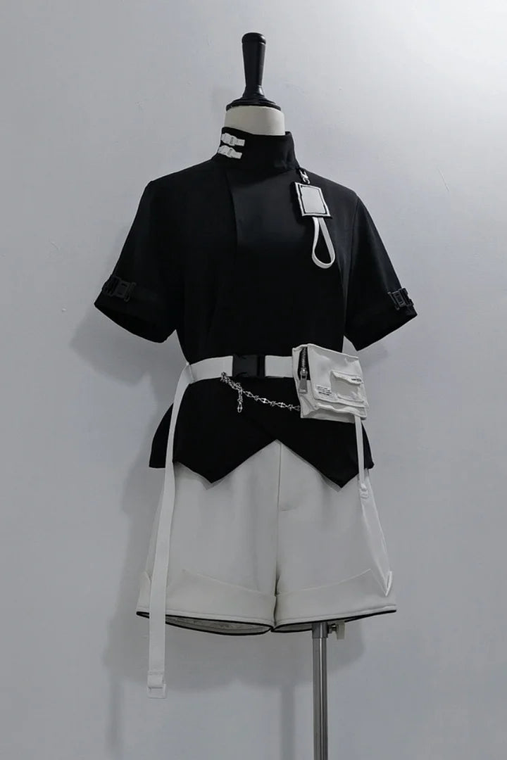 Ouji Fashion Lolita White City Tech Wear Cool Handsome Shorts Short Sleeves Cat Ear Jacket Niche