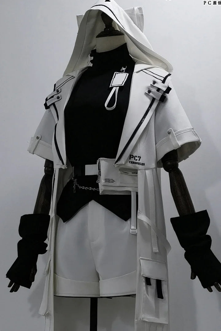 Ouji Fashion Lolita White City Tech Wear Cool Handsome Shorts Short Sleeves Cat Ear Jacket Niche