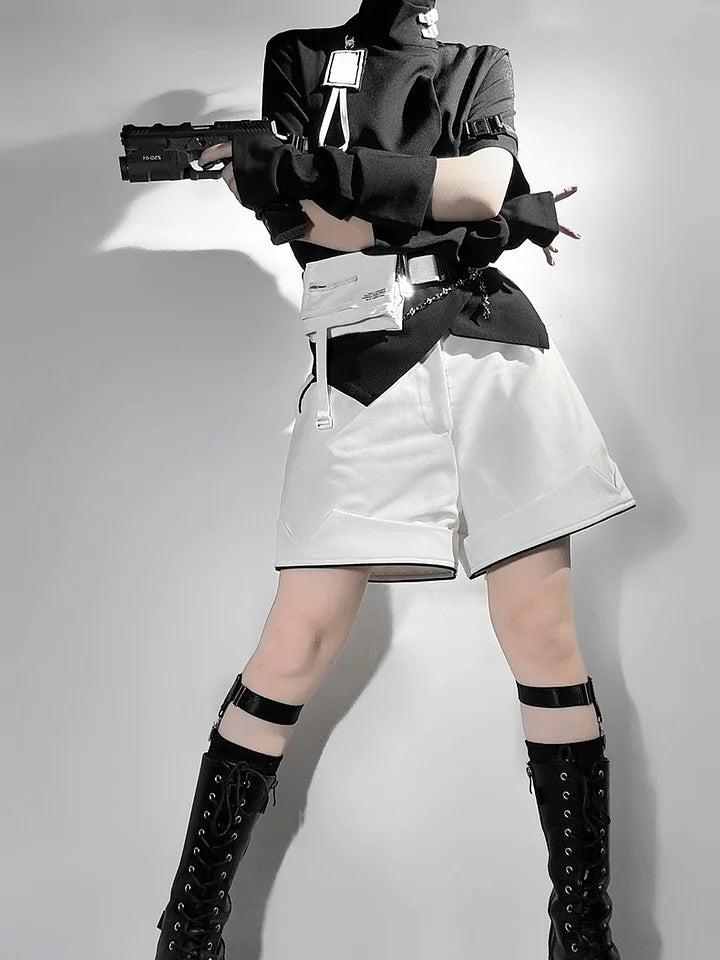 Ouji Fashion Lolita White City Tech Wear Cool Handsome Shorts Short Sleeves Cat Ear Jacket Niche