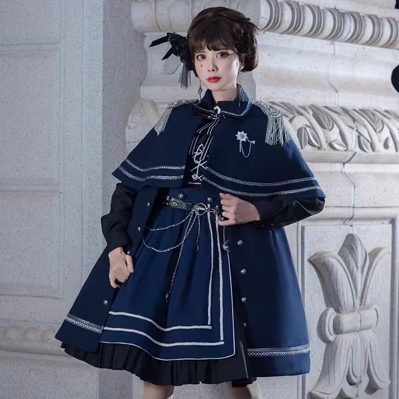 Ouji Fashion Military Aristocrat Lolita Jumper Skirt Solid Color Army Green Winter Cloak Set