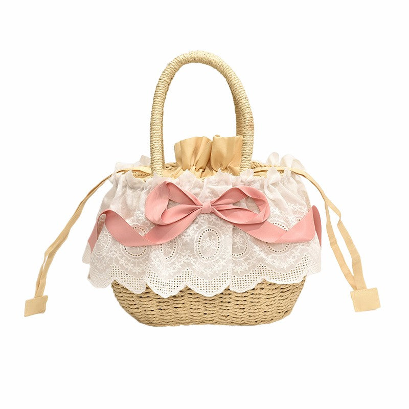 Pastoral Lolita Accessories Pink Bow Ballet Elegant Portable Lolita Beach Straw Women's Bag
