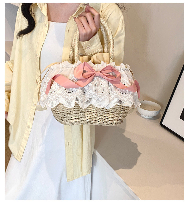 Pastoral Lolita Accessories Pink Bow Ballet Elegant Portable Lolita Beach Straw Women's Bag
