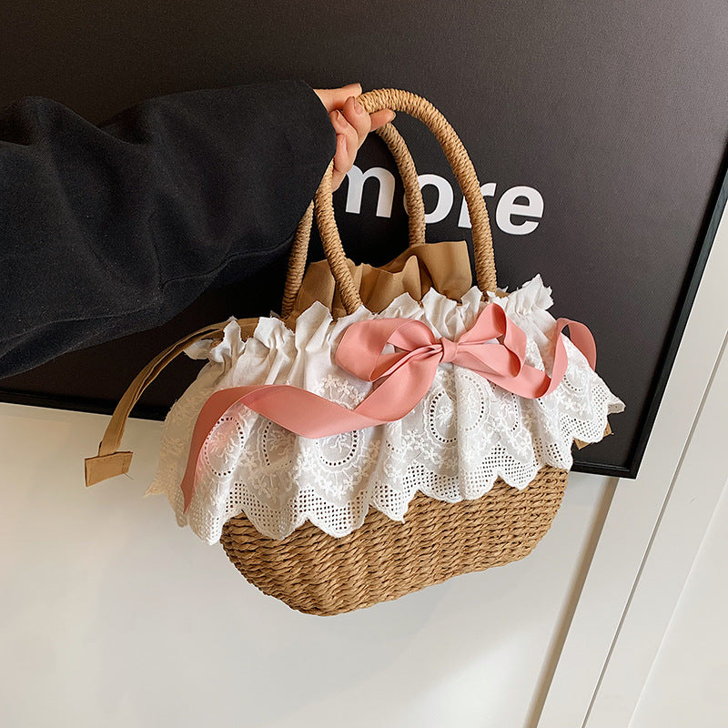 Pastoral Lolita Accessories Pink Bow Ballet Elegant Portable Lolita Beach Straw Women's Bag