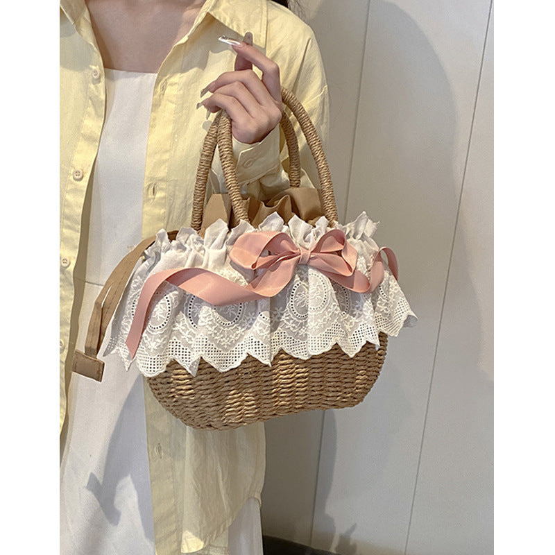Pastoral Lolita Accessories Pink Bow Ballet Elegant Portable Lolita Beach Straw Women's Bag