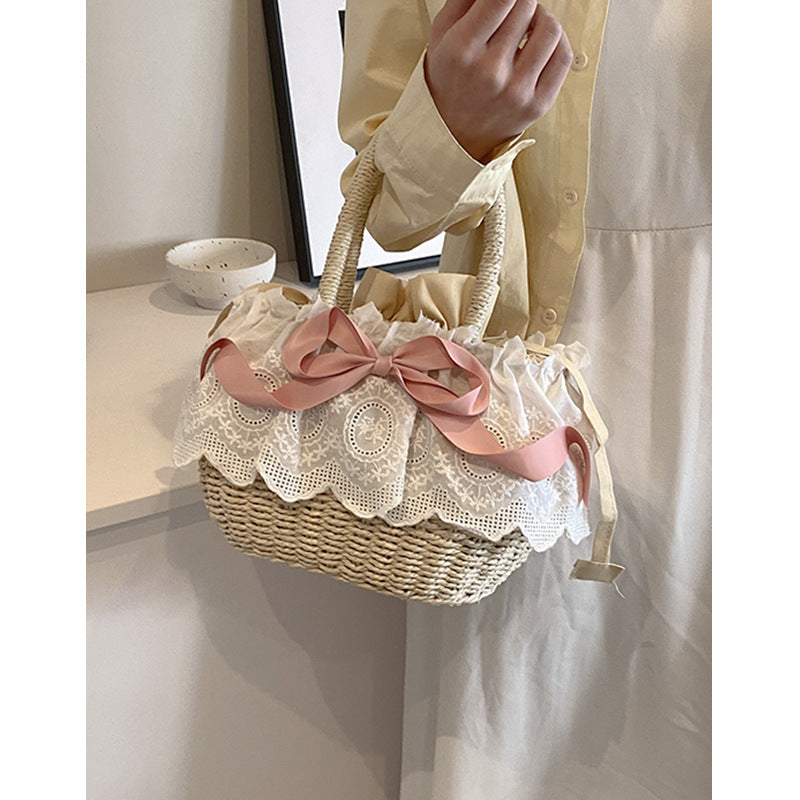 Pastoral Lolita Accessories Pink Bow Ballet Elegant Portable Lolita Beach Straw Women's Bag