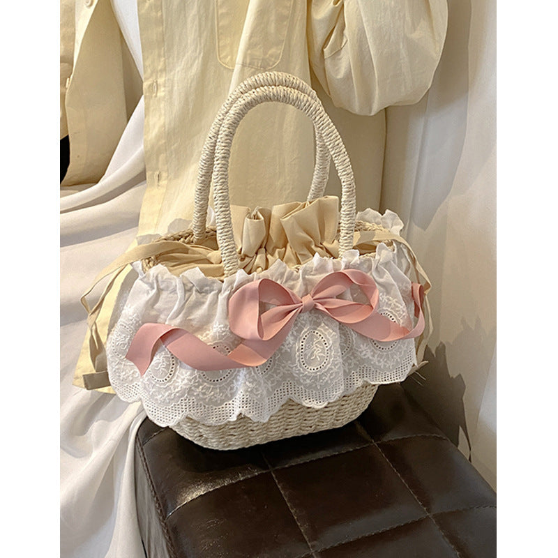 Pastoral Lolita Accessories Pink Bow Ballet Elegant Portable Lolita Beach Straw Women's Bag