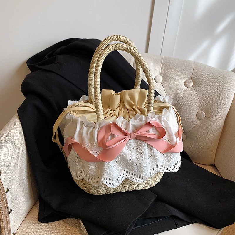 Pastoral Lolita Accessories Pink Bow Ballet Elegant Portable Lolita Beach Straw Women's Bag