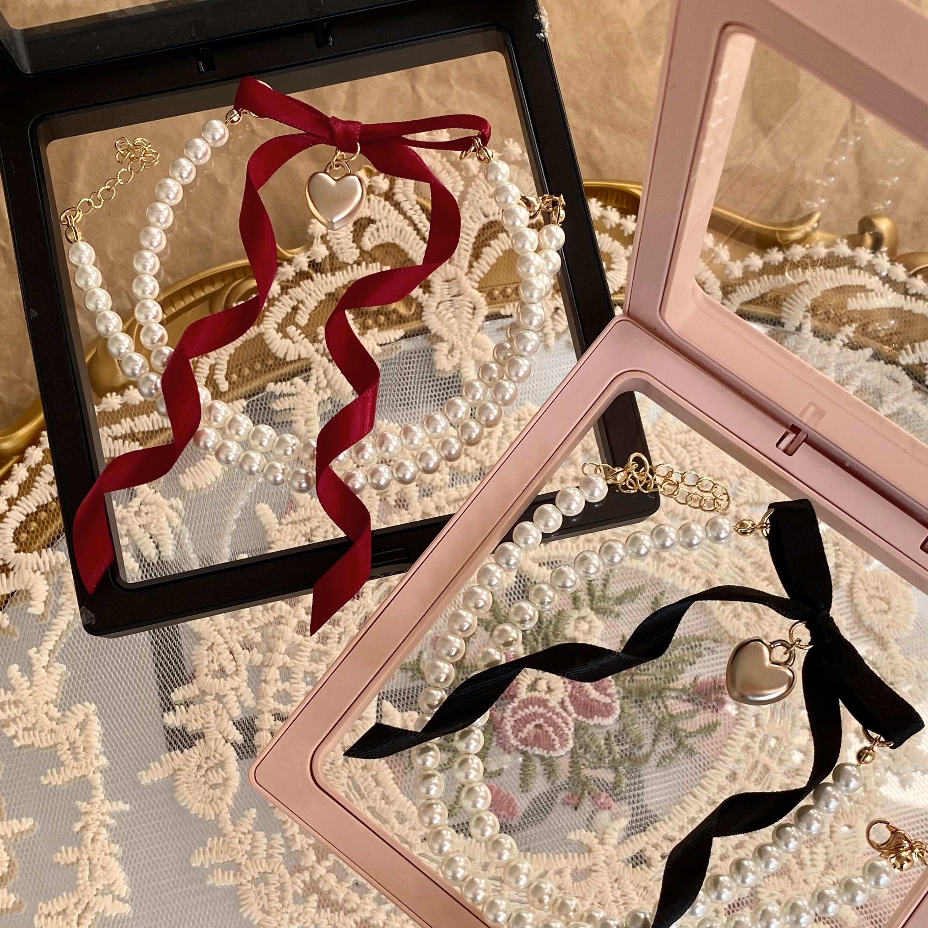 Pearl Butterfly Ribbon Red Exquisite Vintage Love Christmas New Year Necklace