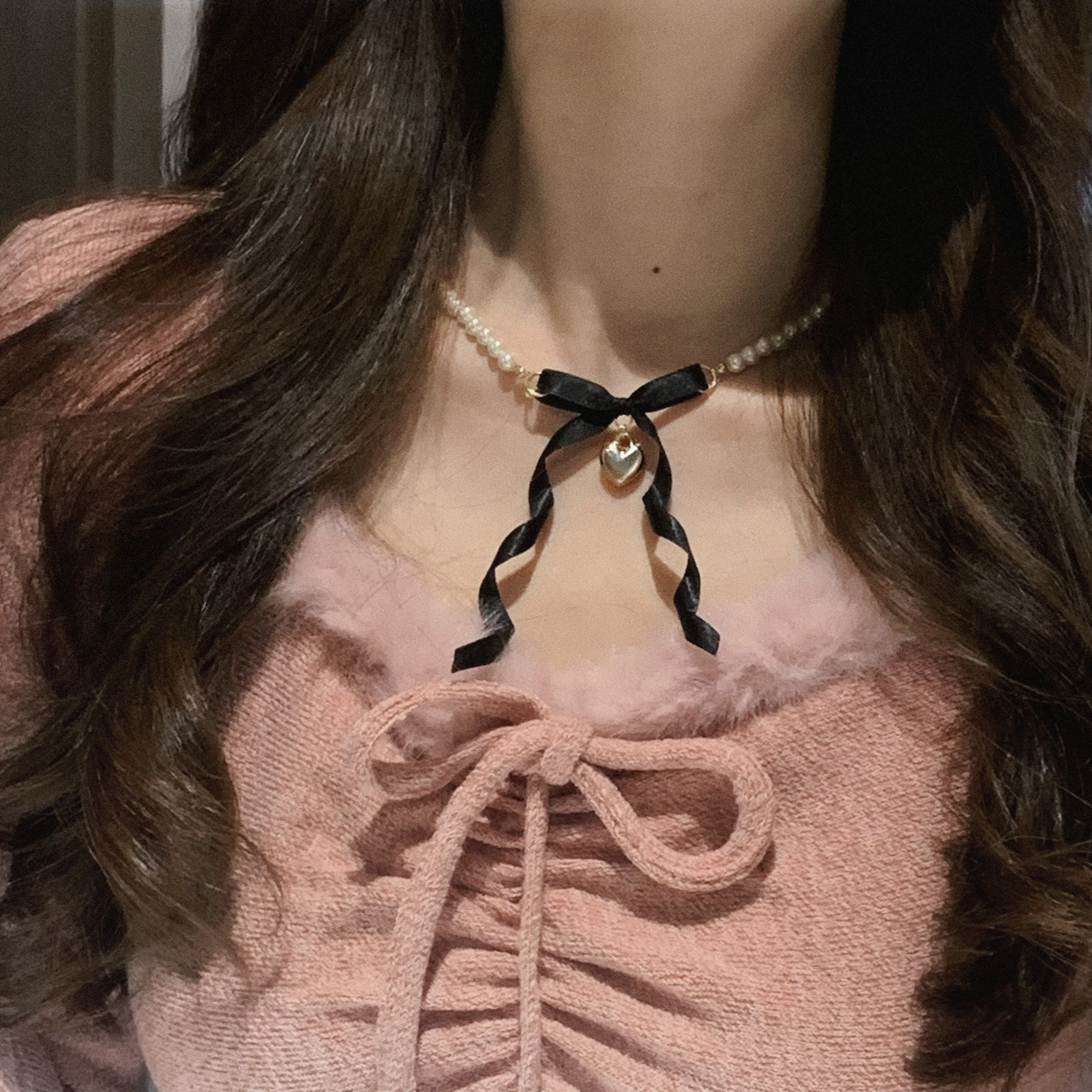 Pearl Butterfly Ribbon Red Exquisite Vintage Love Christmas New Year Necklace