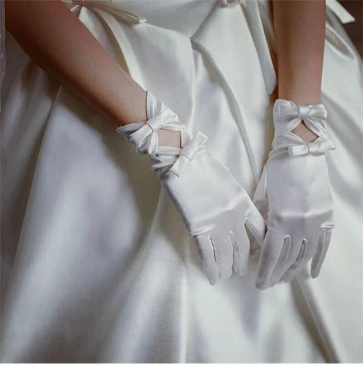 Pearl White Bridal Satin Bow Gloves Elegant Vintage Short Gloves Wedding
