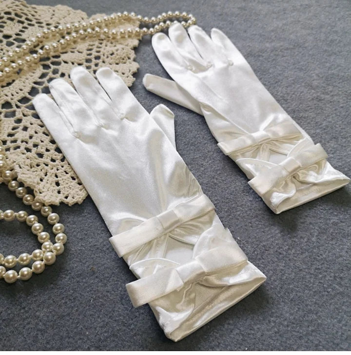 Pearl White Bridal Satin Bow Gloves Elegant Vintage Short Gloves Wedding