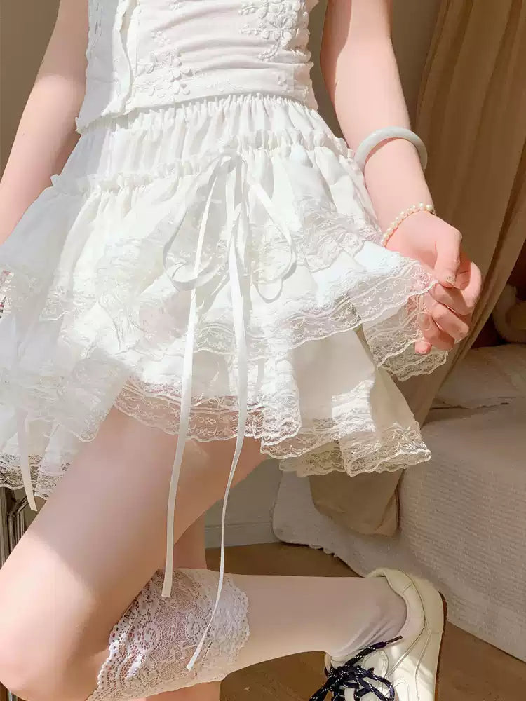 Petticoats Sweet White Cake Layered Skirt Summer Lace Trim Fluffy ALine Skirt with Builtin Shorts