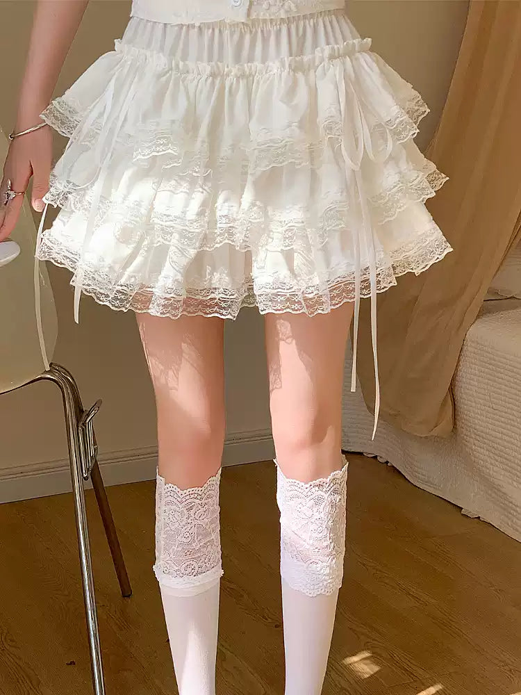 Petticoats Sweet White Cake Layered Skirt Summer Lace Trim Fluffy ALine Skirt with Builtin Shorts