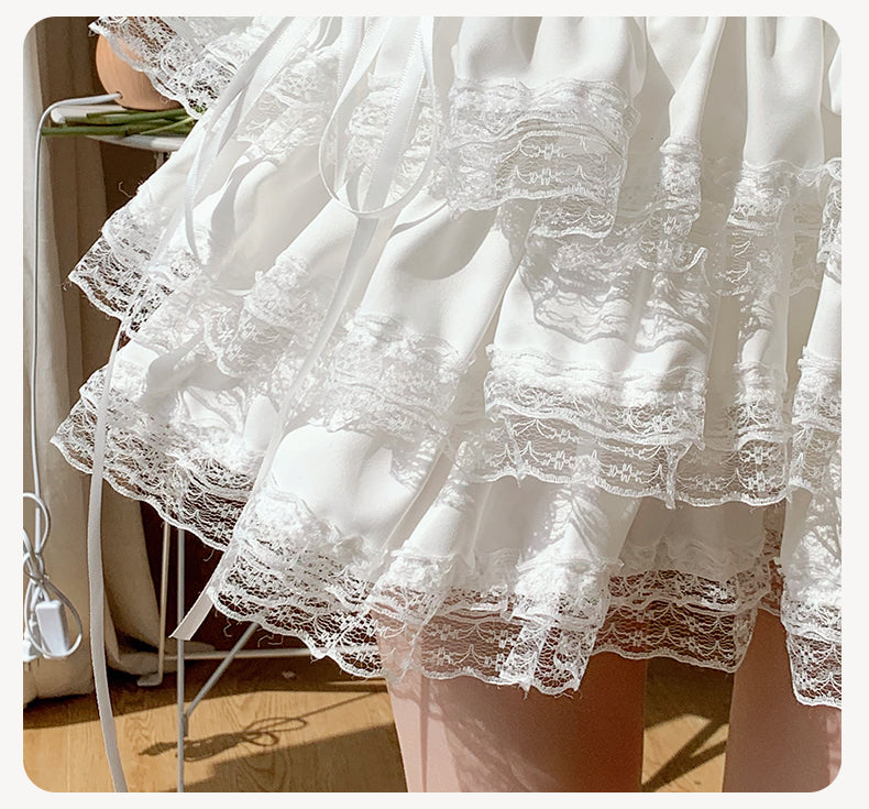 Petticoats Sweet White Cake Layered Skirt Summer Lace Trim Fluffy ALine Skirt with Builtin Shorts