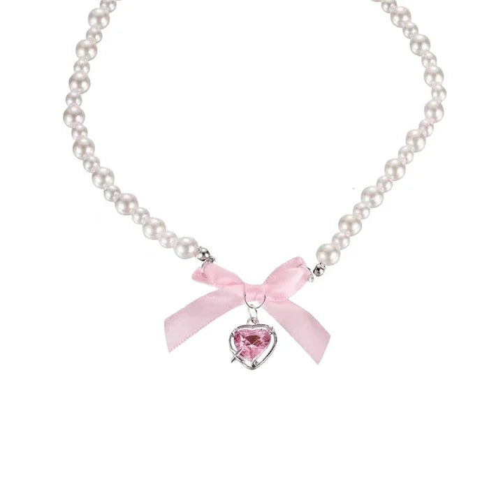 Lolita Necklace Pink Bow White Pearl Love Clavicle Chain Lolita Accessories