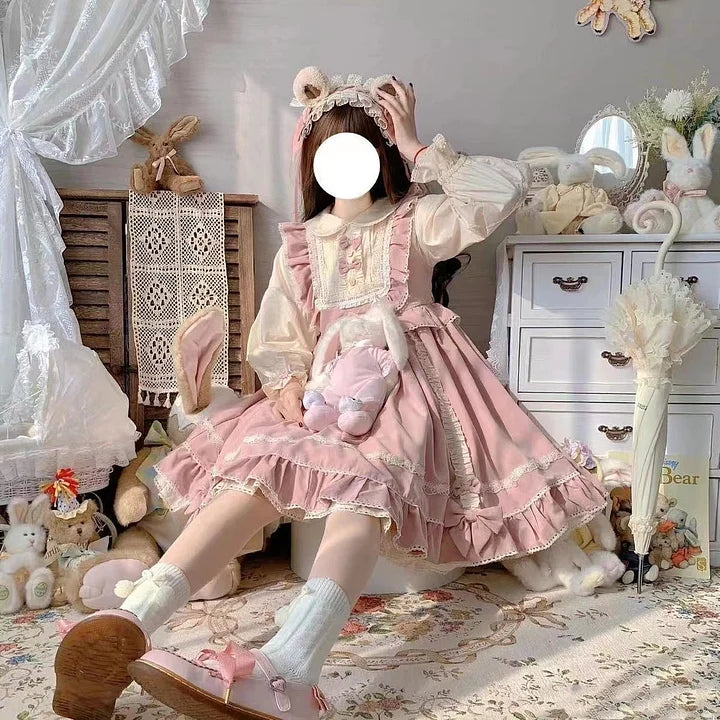 Pink Sweet and Cute Lolita Solid Color Fake Two-piece Princess Dress