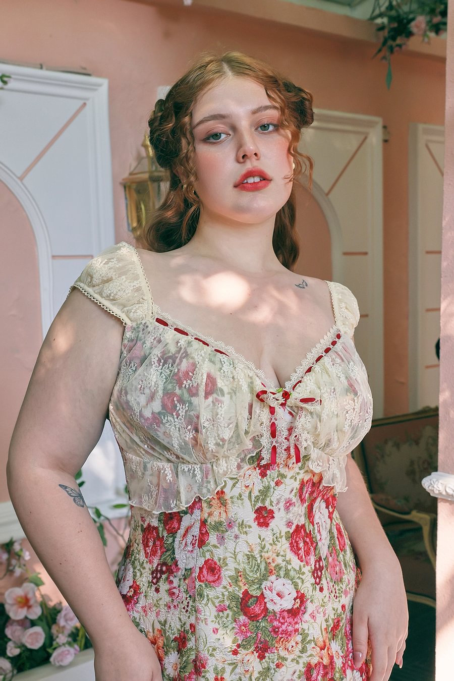 Sweet Lolita Pink Plus Size French Romantic Peony Flower Printed 4XL Lolita Dress