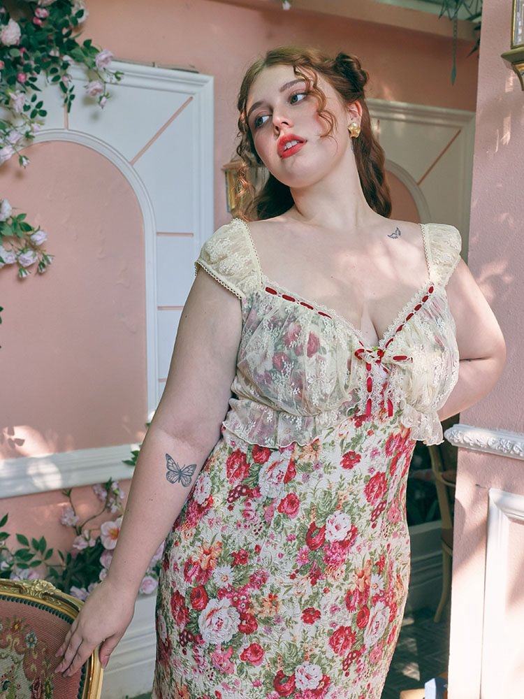 Sweet Lolita Pink Plus Size French Romantic Peony Flower Printed 4XL Lolita Dress