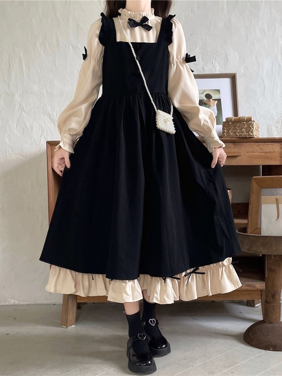 Plus Size Lolita Classic Japanese Ruffle Dress Two-piece Set with Bow