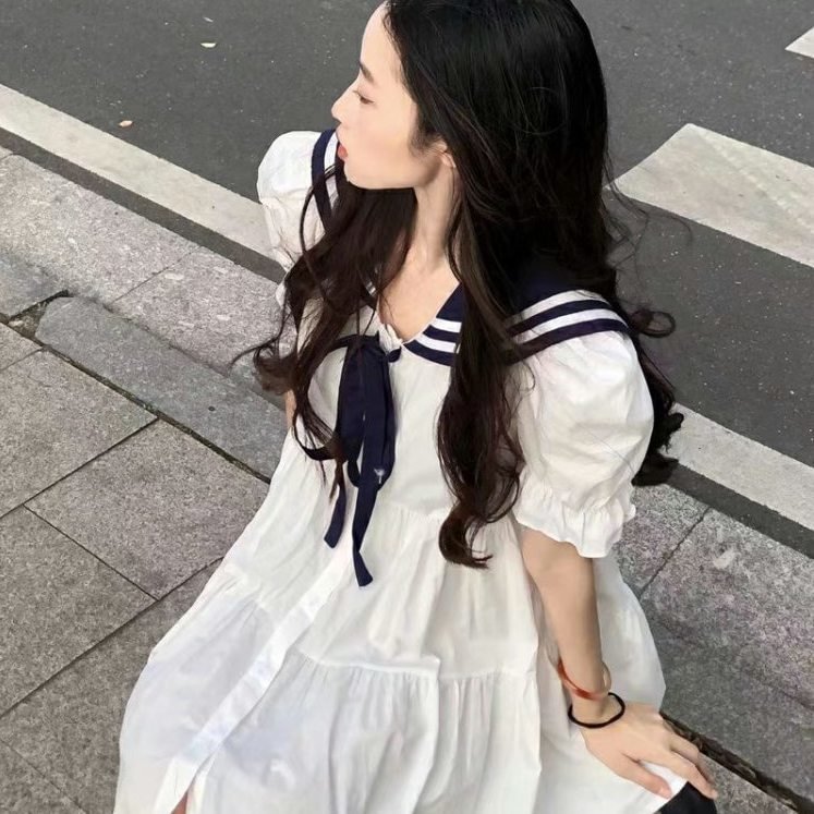 Plus Size Short Sleeve Sweet Navy Collar Dress Women's Summer Loose College Style Bubble Sleeves 4XL Lolita Dress One Piece Dress