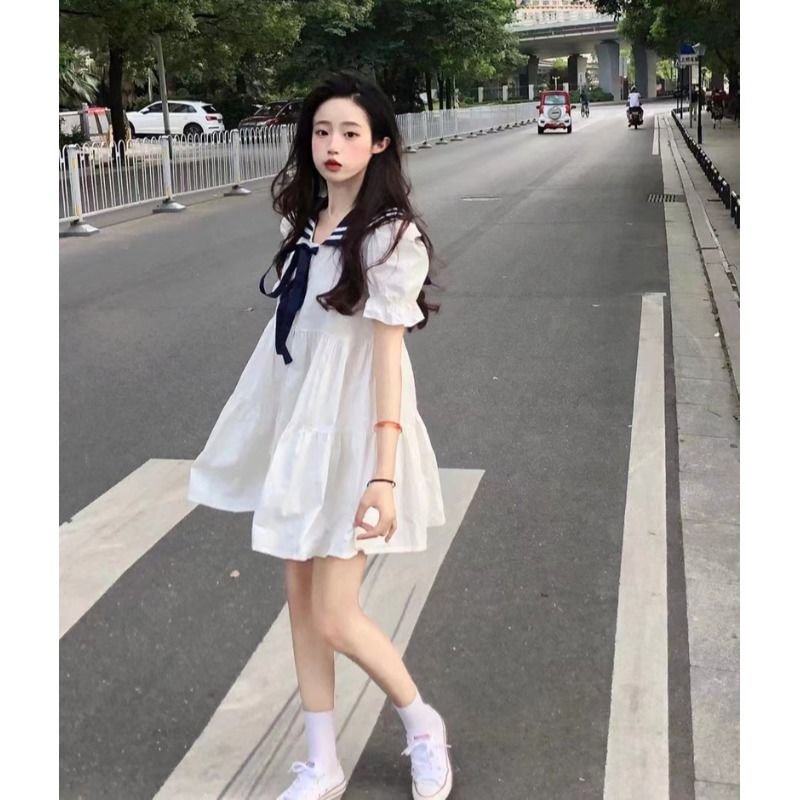 Plus Size Short Sleeve Sweet Navy Collar Dress Women's Summer Loose College Style Bubble Sleeves 4XL Lolita Dress One Piece Dress