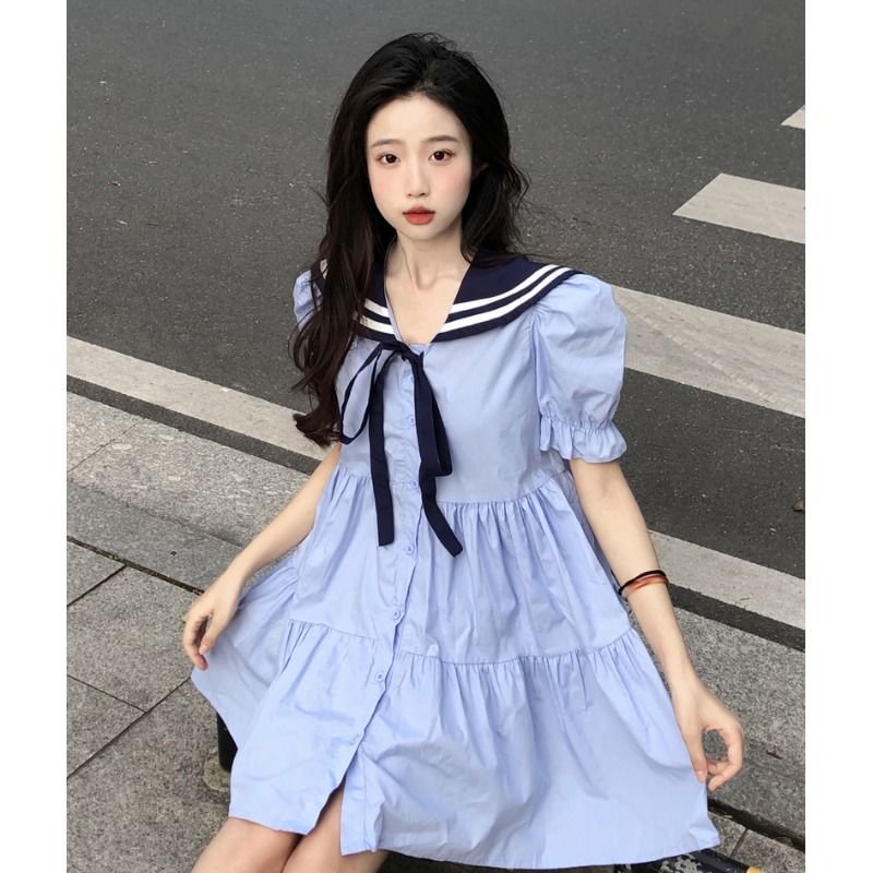 Plus Size Short Sleeve Sweet Navy Collar Dress Women's Summer Loose College Style Bubble Sleeves 4XL Lolita Dress One Piece Dress