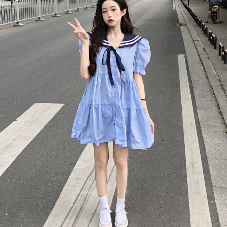 Plus Size Short Sleeve Sweet Navy Collar Dress Women's Summer Loose College Style Bubble Sleeves 4XL Lolita Dress One Piece Dress