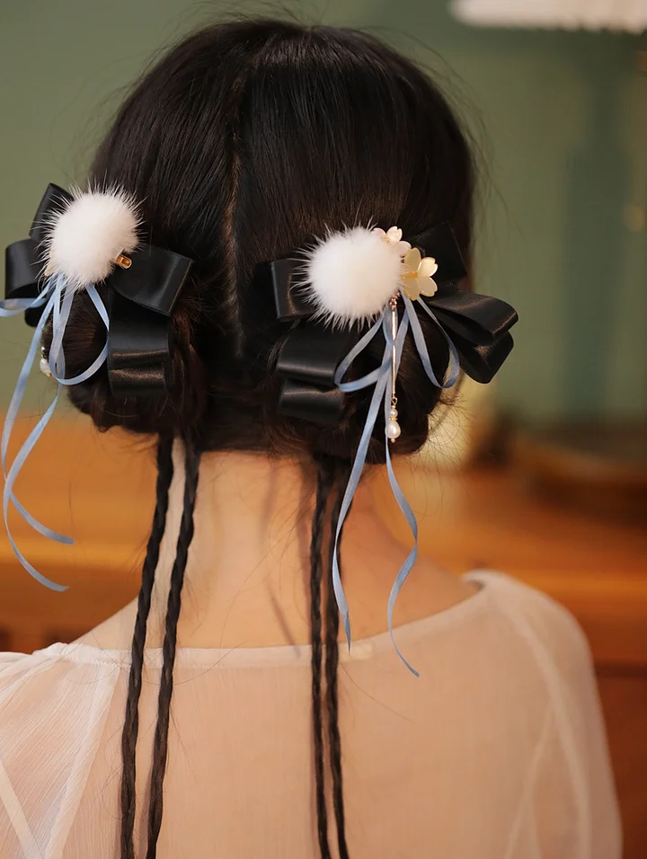 Plush Hairpin Chinese Style Long Ribbon Bow Hair Accessories Pair Clip Lolita Headgear Clip