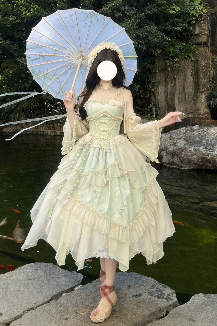 This Green Chinese Style Ballet Lolita JSK Dress Set combines traditional elegance with sweet Lolita charm. The jacquard fabric enhances its refined texture, while ruffles, lace, and bowknot details create a romantic silhouette. The irregular long hemline adds graceful movement, echoing the elegance of ballet-inspired design. With a sleeveless cut for versatility, this dress set is perfect for cultural gatherings, photoshoots, or special occasions, blending Chinese-inspired aesthetics with timeless Lolita b