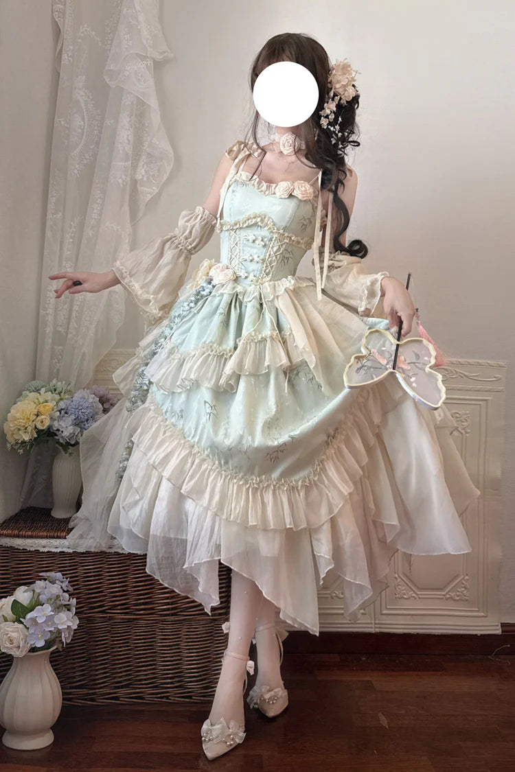This Green Chinese Style Ballet Lolita JSK Dress Set combines traditional elegance with sweet Lolita charm. The jacquard fabric enhances its refined texture, while ruffles, lace, and bowknot details create a romantic silhouette. The irregular long hemline adds graceful movement, echoing the elegance of ballet-inspired design. With a sleeveless cut for versatility, this dress set is perfect for cultural gatherings, photoshoots, or special occasions, blending Chinese-inspired aesthetics with timeless Lolita b