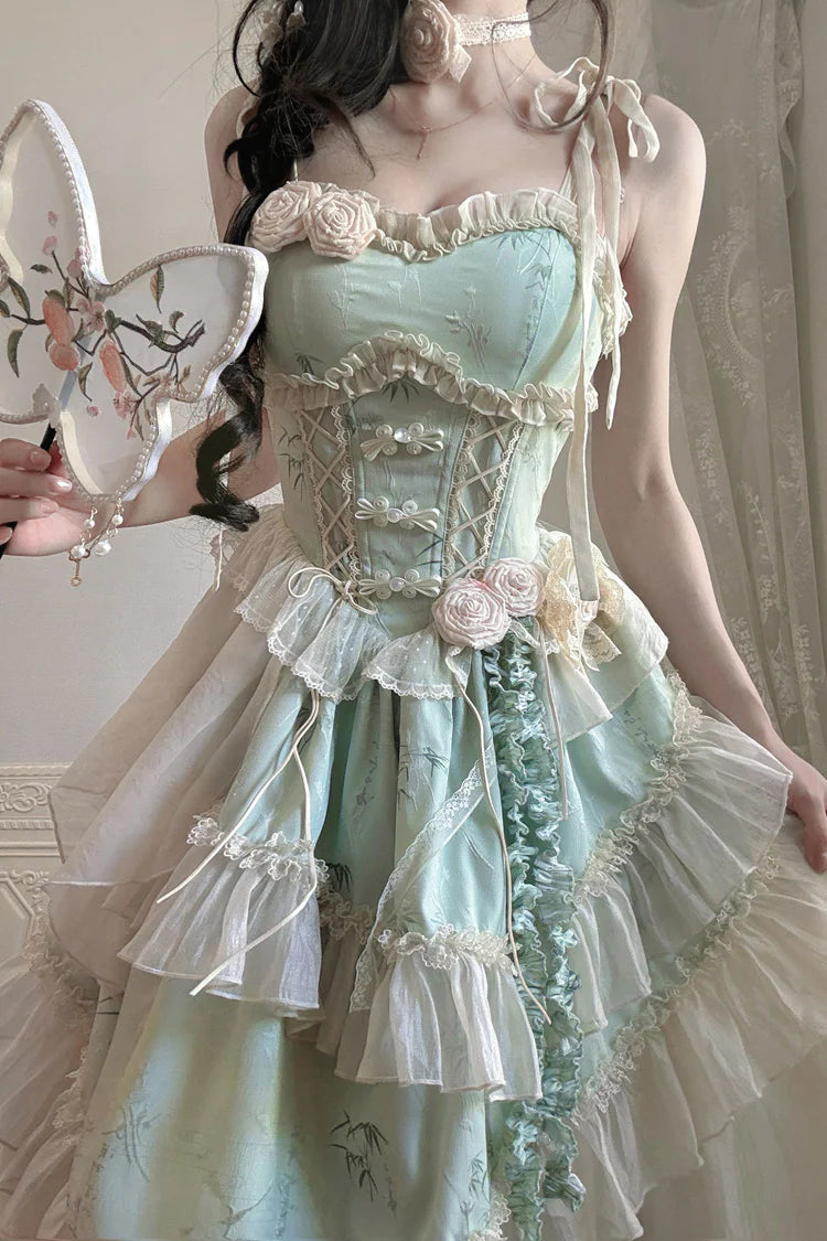 This Green Chinese Style Ballet Lolita JSK Dress Set combines traditional elegance with sweet Lolita charm. The jacquard fabric enhances its refined texture, while ruffles, lace, and bowknot details create a romantic silhouette. The irregular long hemline adds graceful movement, echoing the elegance of ballet-inspired design. With a sleeveless cut for versatility, this dress set is perfect for cultural gatherings, photoshoots, or special occasions, blending Chinese-inspired aesthetics with timeless Lolita b