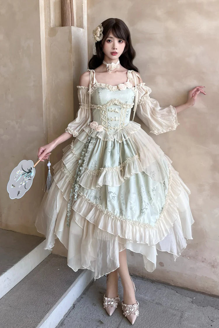 This Green Chinese Style Ballet Lolita JSK Dress Set combines traditional elegance with sweet Lolita charm. The jacquard fabric enhances its refined texture, while ruffles, lace, and bowknot details create a romantic silhouette. The irregular long hemline adds graceful movement, echoing the elegance of ballet-inspired design. With a sleeveless cut for versatility, this dress set is perfect for cultural gatherings, photoshoots, or special occasions, blending Chinese-inspired aesthetics with timeless Lolita b