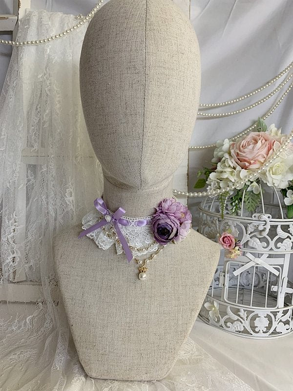 Lolita Necklace Purple Elegant Gorgeous Flower Versatile Lace Pearl Lolita Accessories