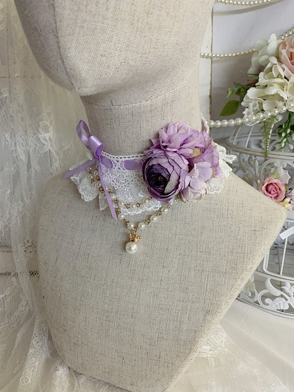 Lolita Necklace Purple Elegant Gorgeous Flower Versatile Lace Pearl Lolita Accessories