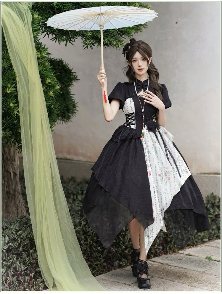 Qi Lolita Black Ink and White Splicing Irregular Print Dress Lolita Short-sleeved Dress