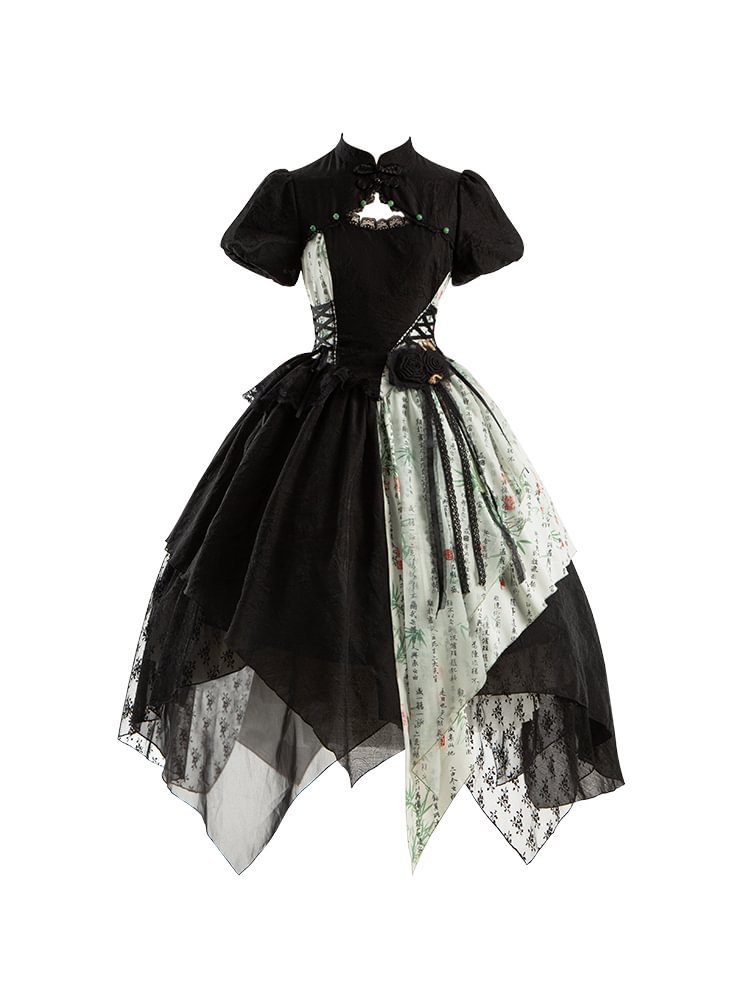 Qi Lolita Black Ink and White Splicing Irregular Print Dress Lolita Short-sleeved Dress