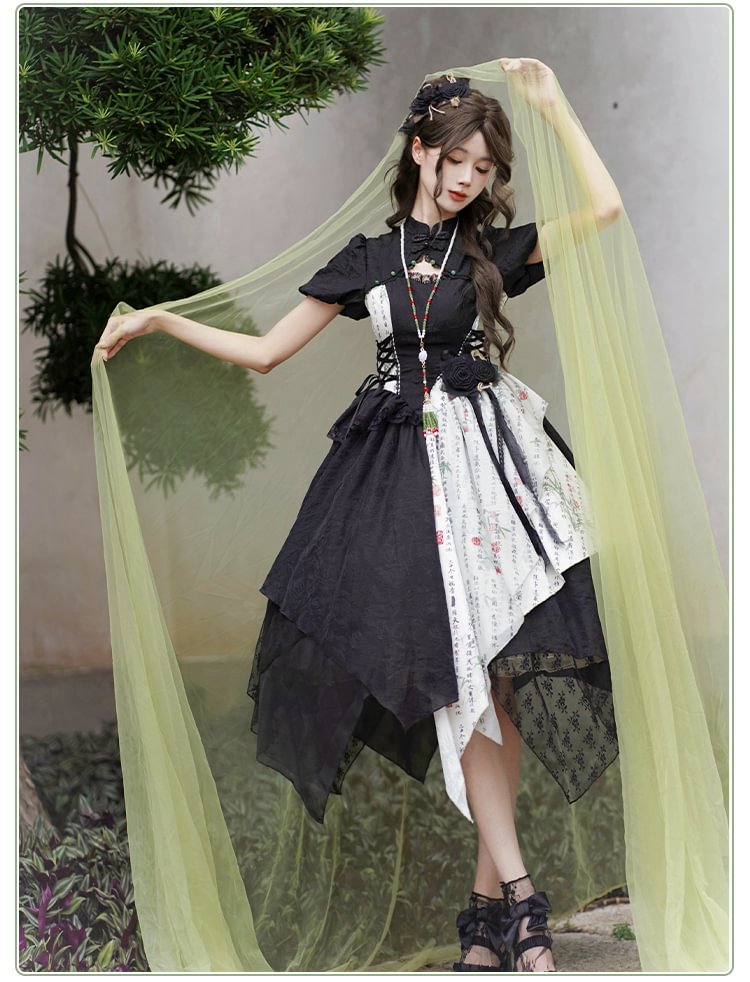 Qi Lolita Black Ink and White Splicing Irregular Print Dress Lolita Short-sleeved Dress
