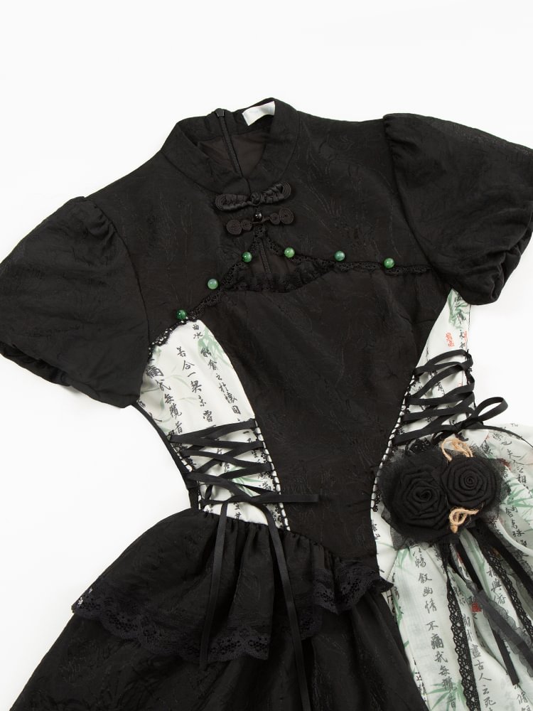 Qi Lolita Black Ink and White Splicing Irregular Print Dress Lolita Short-sleeved Dress