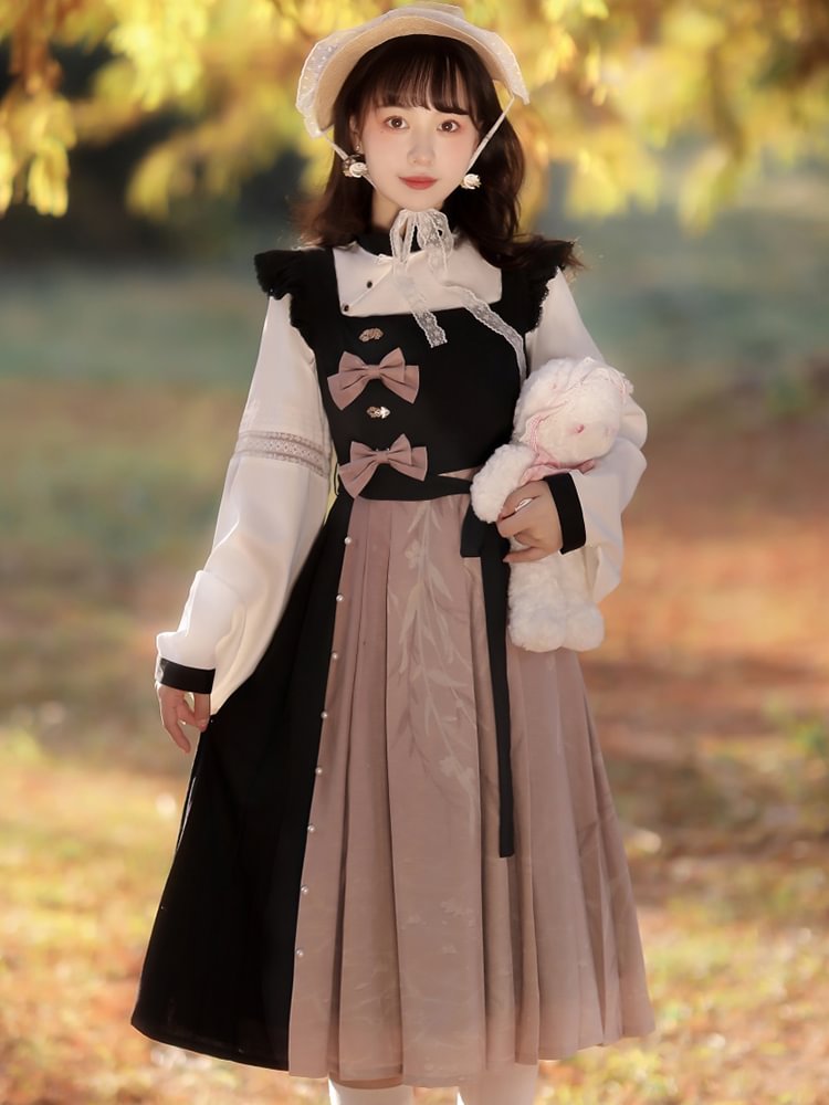 Qi Lolita Elegant Black Pink Shirt Long Dress Two-piece Lolita Daily Bow Dress OP