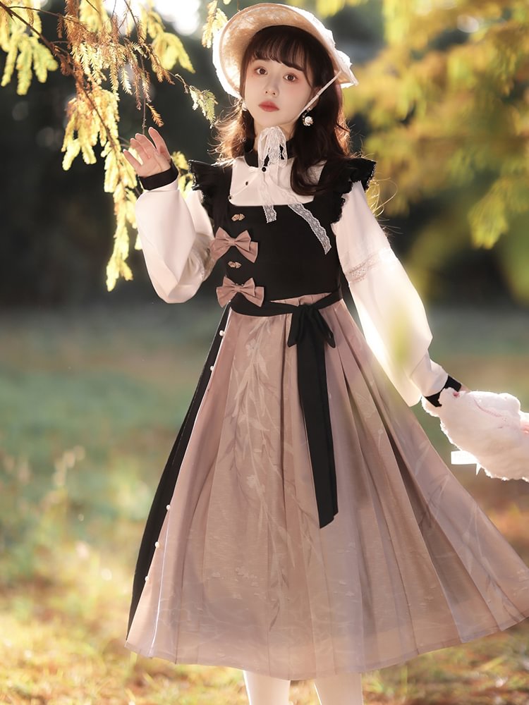 Qi Lolita Elegant Black Pink Shirt Long Dress Two-piece Lolita Daily Bow Dress OP