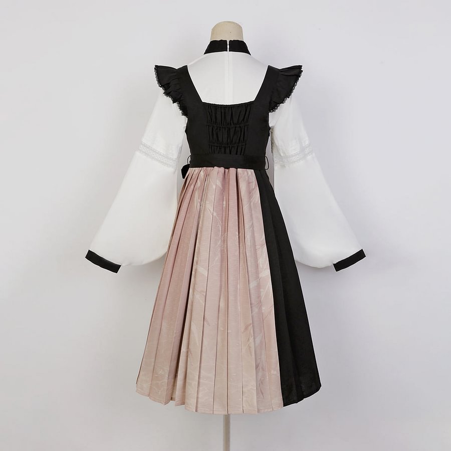 Qi Lolita Elegant Black Pink Shirt Long Dress Two-piece Lolita Daily Bow Dress OP