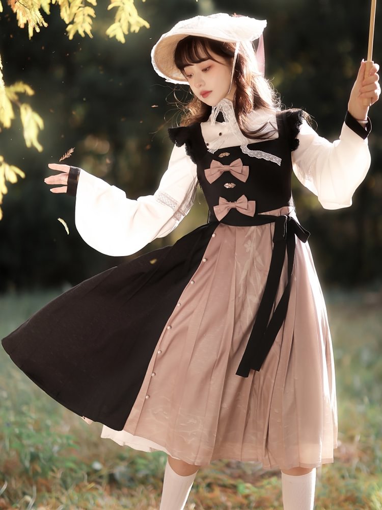 Qi Lolita Elegant Black Pink Shirt Long Dress Two-piece Lolita Daily Bow Dress OP