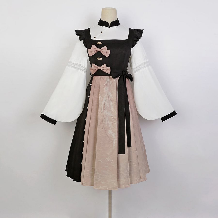 Qi Lolita Elegant Black Pink Shirt Long Dress Two-piece Lolita Daily Bow Dress OP