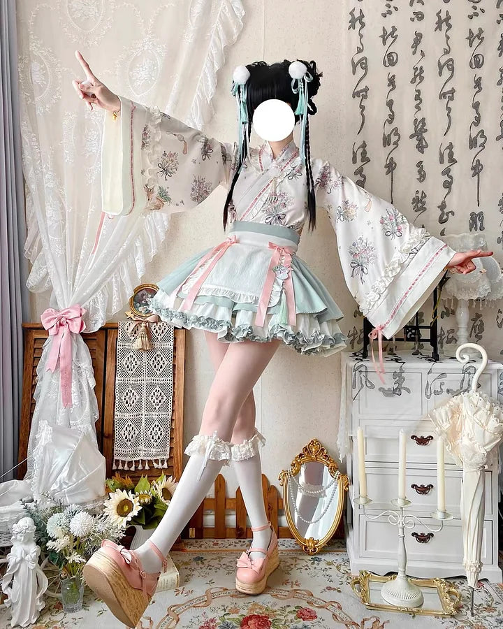 Qi Lolita Grass Green Maid Outfit Lolita Dress Long-sleeve Sweet Lolita
