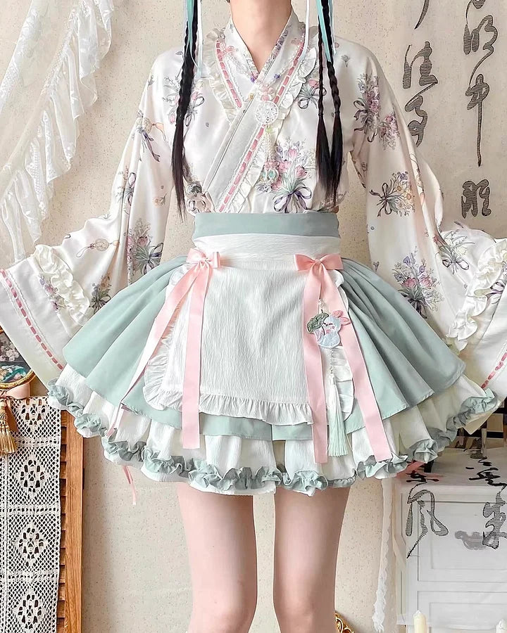 Qi Lolita Grass Green Maid Outfit Lolita Dress Long-sleeve Sweet Lolita